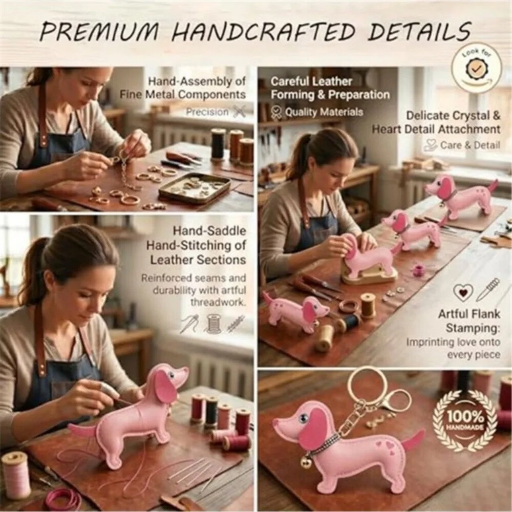 Handmade Leather Dachshund Pink Keychain & Bag Charms, Wiener Dog Gift new